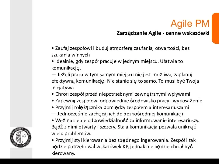 Agile PM Zarządzanie Agile - cenne wskazówki • Zaufaj zespołowi