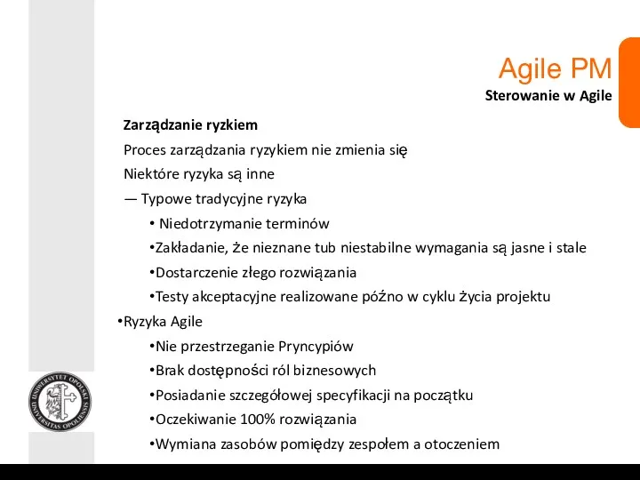 Agile PM Sterowanie w Agile Zarządzanie ryzkiem Proces zarządzania ryzykiem