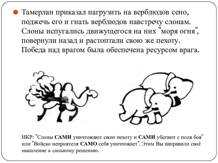 Тамерлан приказал нагрузить на верблюдов сено, поджечь его и гнать верблюдов навстречу слонам.