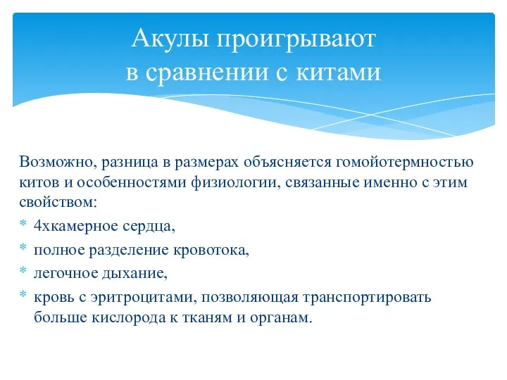 Возможно, разница в размерах объясняется гомойотермностью китов и особенностями физиологии,