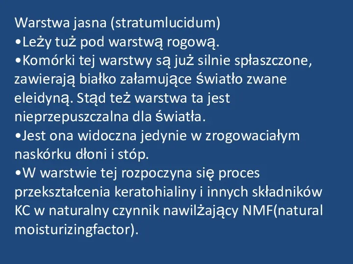 Warstwa jasna (stratumlucidum) •Leży tuż pod warstwą rogową. •Komórki tej