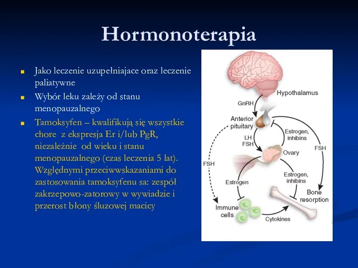 Hormonoterapia Jako leczenie uzupełniajace oraz leczenie paliatywne Wybór leku zależy