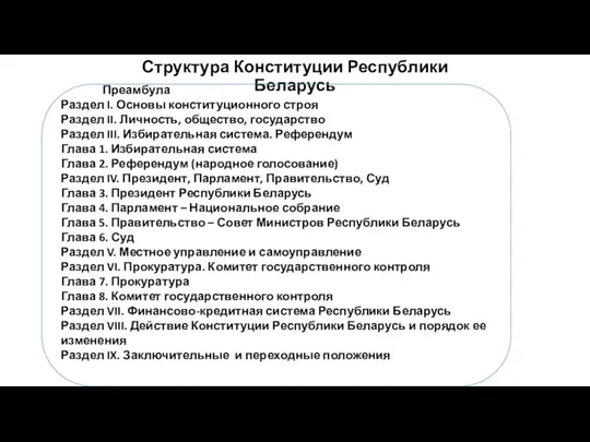 Структура Конституции Республики Беларусь Преамбула Раздел I. Основы конституционного строя Раздел II. Личность,