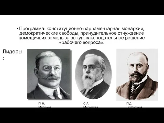 Программа: конституционно-парламентарная монархия, демократические свободы, принудительное отчуждение помещичьих земель за