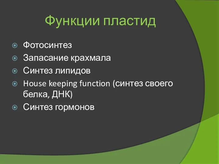 Функции пластид Фотосинтез Запасание крахмала Синтез липидов House keeping function (синтез своего белка, ДНК) Синтез гормонов