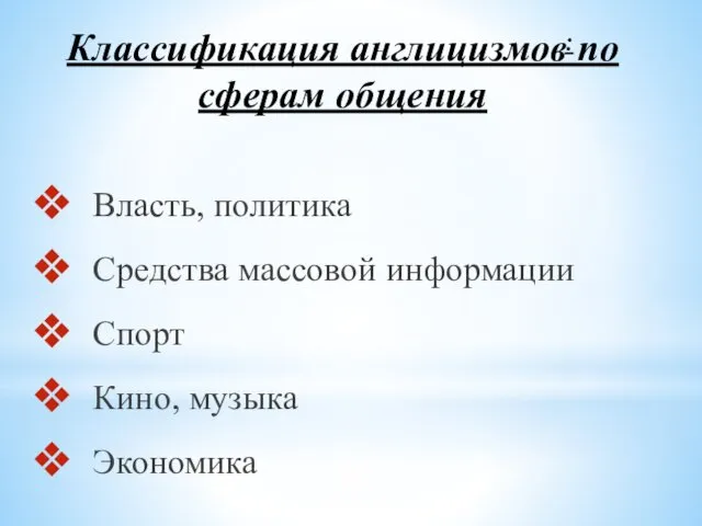 : Власть, политика Средства массовой информации Спорт Кино, музыка Экономика Классификация англицизмов по сферам общения