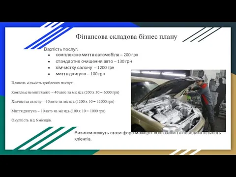 Фінансова складова бізнес плану Вартість послуг: комплексне миття автомобіля –