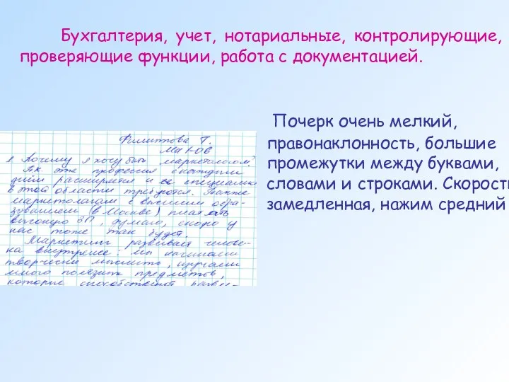 Почерк очень мелкий, правонаклонность, большие промежутки между буквами, словами и