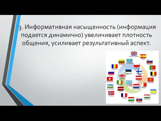 3. Информативная насыщенность (информация подается динамично) увеличивает плотность общения, усиливает результативный аспект.