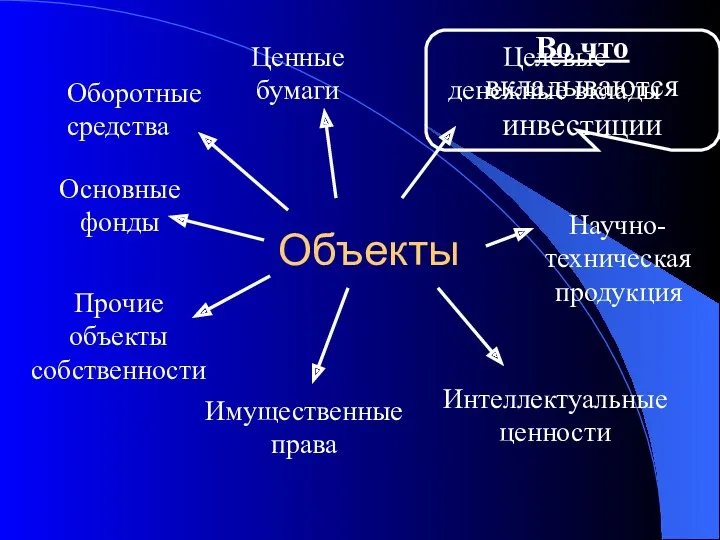 Целевые денежные вклады Объекты Основные фонды Оборотные средства Ценные бумаги