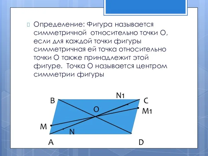 Определение: Фигура называется симметричной относительно точки О, если для каждой