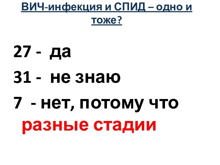 ВИЧ-инфекция и СПИД – одно и тоже? 27 - да