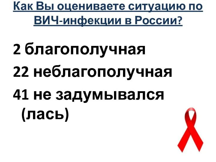 Как Вы оцениваете ситуацию по ВИЧ-инфекции в России? 2 благополучная 22 неблагополучная 41 не задумывался(лась)