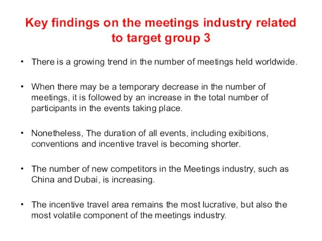 Key findings on the meetings industry related to target group
