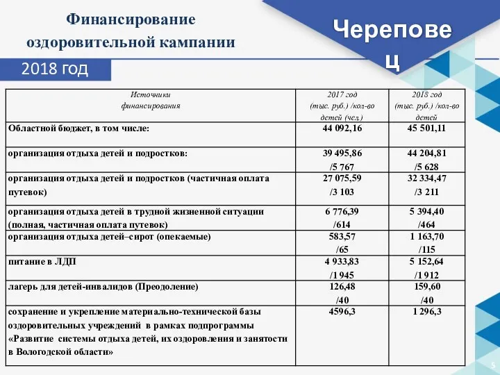 Череповец Финансирование оздоровительной кампании 2018 год