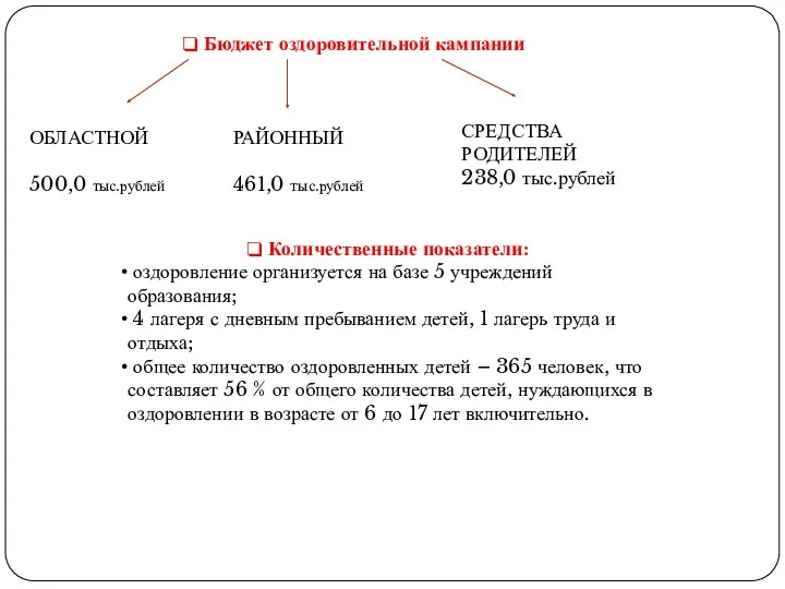 Бюджет оздоровительной кампании ОБЛАСТНОЙ 500,0 тыс.рублей РАЙОННЫЙ 461,0 тыс.рублей СРЕДСТВА РОДИТЕЛЕЙ 238,0 тыс.рублей