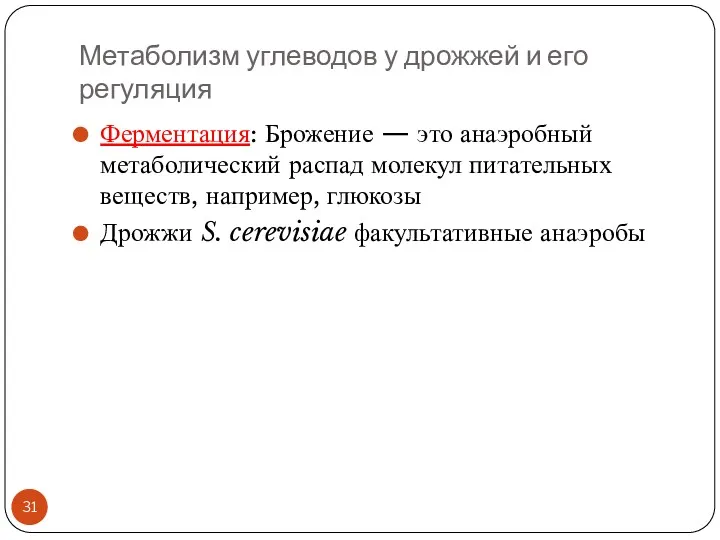 Метаболизм углеводов у дрожжей и его регуляция Ферментация: Брожение — это анаэробный метаболический