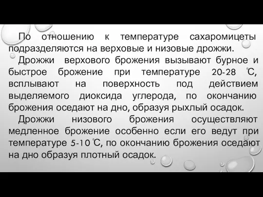 По отношению к температуре сахаромицеты подразделяются на верховые и низовые