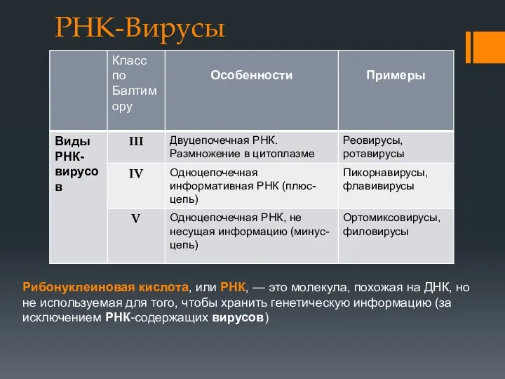 РНК-Вирусы Рибонуклеиновая кислота, или РНК, — это молекула, похожая на