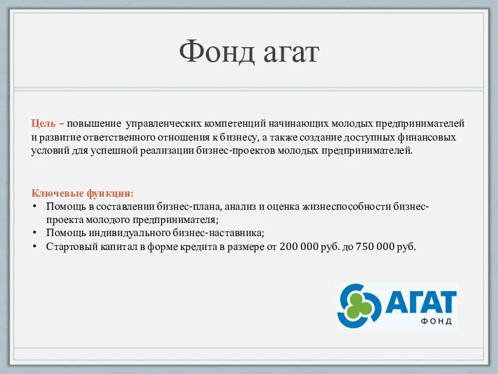 Фонд агат Цель – повышение управленческих компетенций начинающих молодых предпринимателей