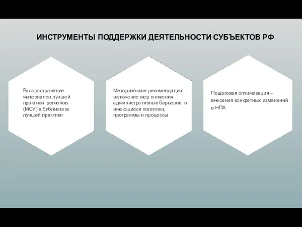 ИНСТРУМЕНТЫ ПОДДЕРЖКИ ДЕЯТЕЛЬНОСТИ СУБЪЕКТОВ РФ Пошаговая оптимизация – внесения конкретных