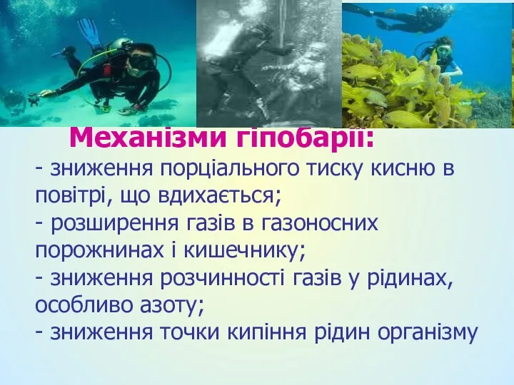 Механізми гіпобарії: - зниження порціального тиску кисню в повітрі, що