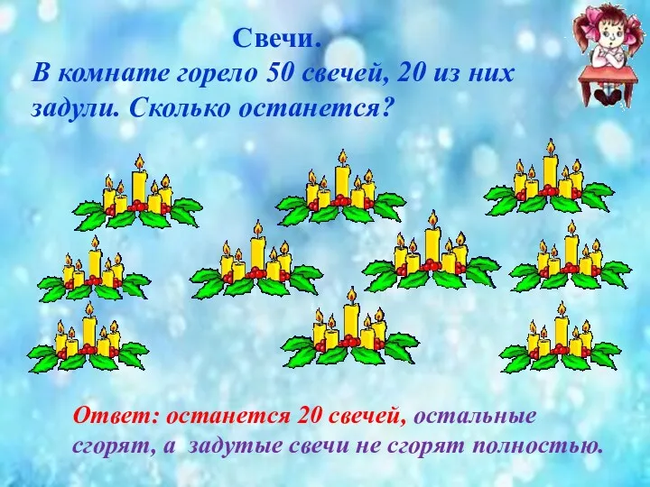 Свечи. В комнате горело 50 свечей, 20 из них задули.