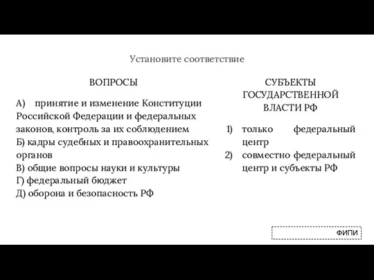 Установите соответствие ВОПРОСЫ А) принятие и изменение Конституции Российской Федерации и федеральных законов,