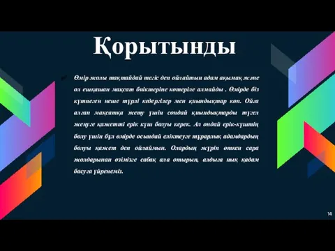 Қорытынды Өмір жолы тақтайдай тегіс деп ойлайтын адам ақымақ және