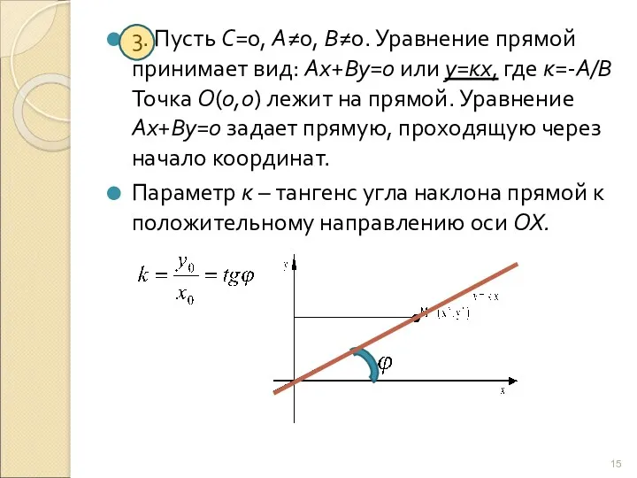 3. Пусть С=0, А≠0, В≠0. Уравнение прямой принимает вид: Ах+Ву=0