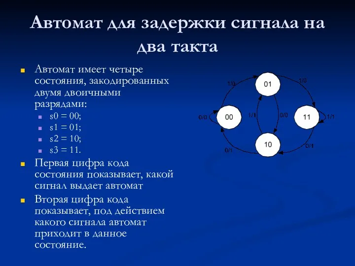 Автомат для задержки сигнала на два такта Автомат имеет четыре