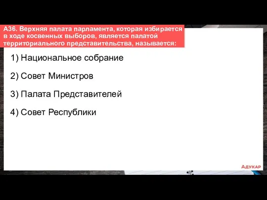 1) Национальное собрание 2) Совет Министров 3) Палата Представителей 4)