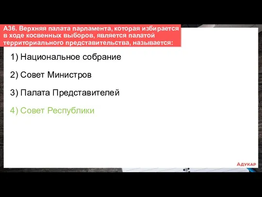 1) Национальное собрание 2) Совет Министров 3) Палата Представителей 4)