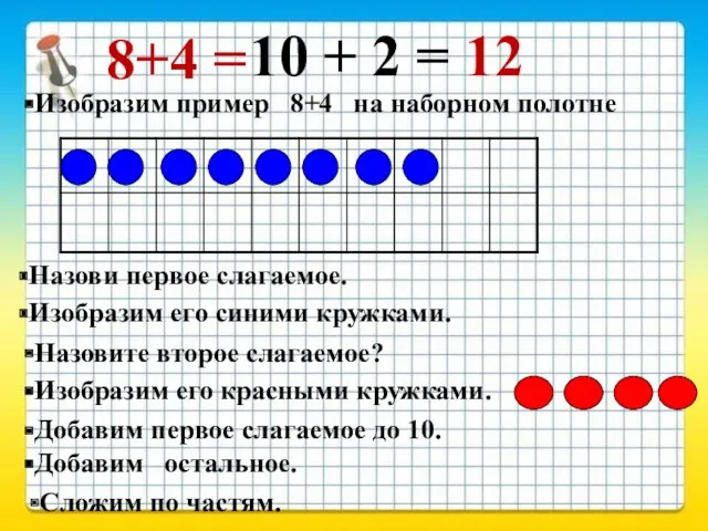 8+4 = Изобразим пример 8+4 на наборном полотне Назови первое