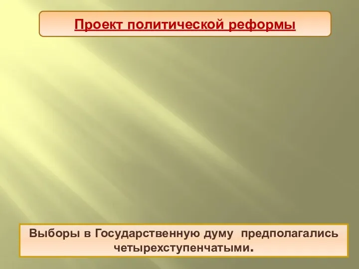 Проект политической реформы Выборы в Государственную думу предполагались четырехступенчатыми. Волостная