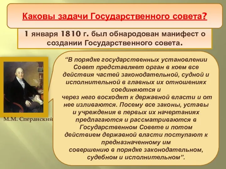 1 января 1810 г. был обнародован манифест о создании Государственного совета. Проект политической