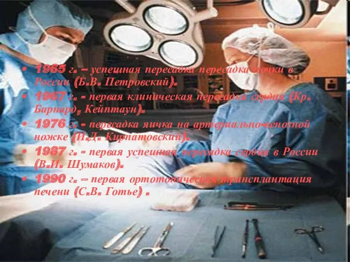 1965 г. – успешная пересадка пересадка почки в России (Б.В.