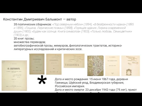 Константин Дмитриевич Бальмонт — автор 35 поэтических сборников: «Под северным небом» (1894), «В