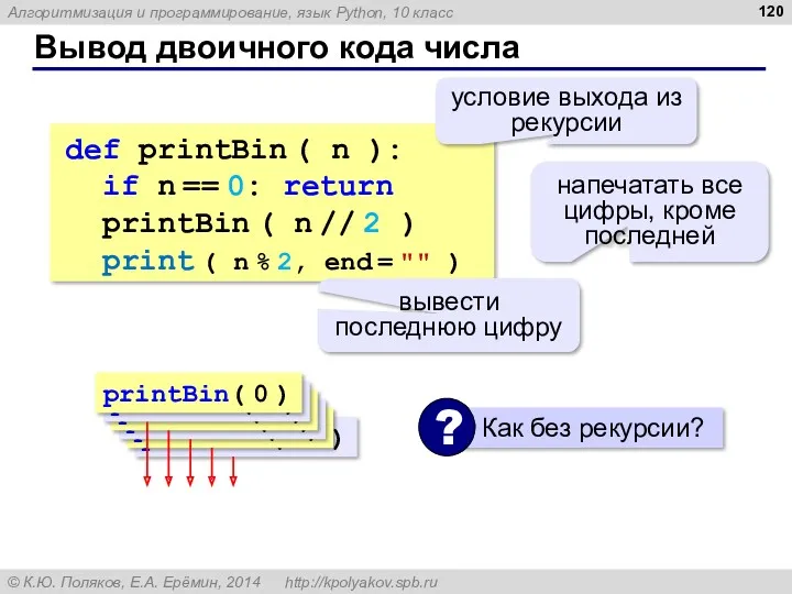 Вывод двоичного кода числа def printBin ( n ): if n == 0: