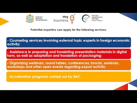 Potential exporters can apply for the following services: