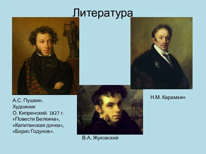 Литература А.С. Пушкин. Художник О. Кипренский. 1827 г. «Повести Белкина»,