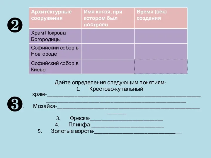 Дайте определения следующим понятиям: Крестово-купальный храм-_________________________________________________________________________________________________________ Мозайка-__________________________________________________________ Фреска-__________________________ Плинфа-__________________________ Золотые ворота-_________________________________ ❷ ❸