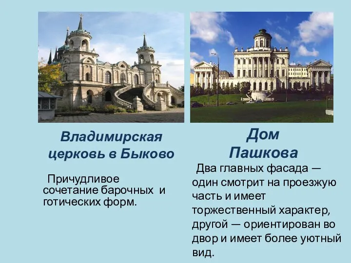 Владимирская церковь в Быково Дом Пашкова Два главных фасада —