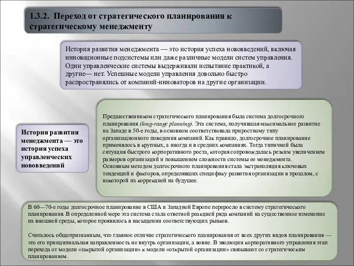 1.3.2. Переход от стратегического планирования к стратегическому менеджменту Предшественником стратегического