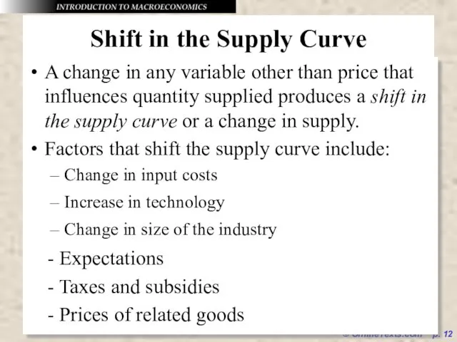 © OnlineTexts.com p. Shift in the Supply Curve A change