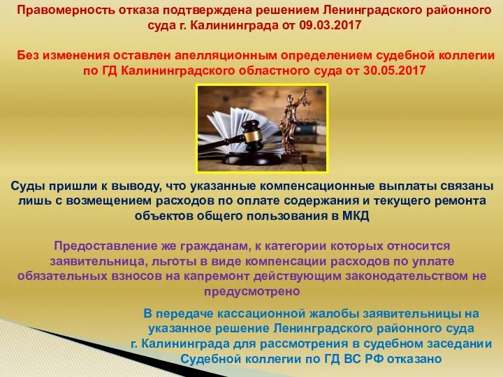 В передаче кассационной жалобы заявительницы на указанное решение Ленинградского районного