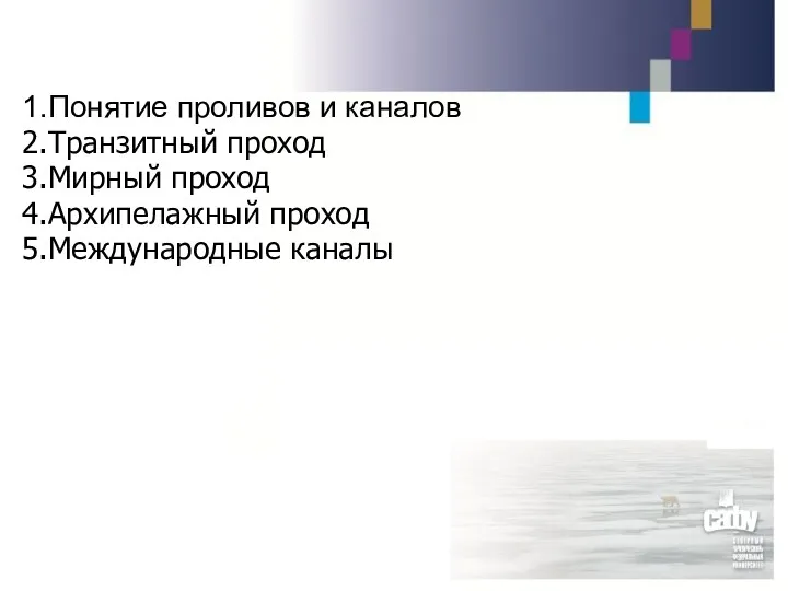 Понятие проливов и каналов Транзитный проход Мирный проход Архипелажный проход Международные каналы