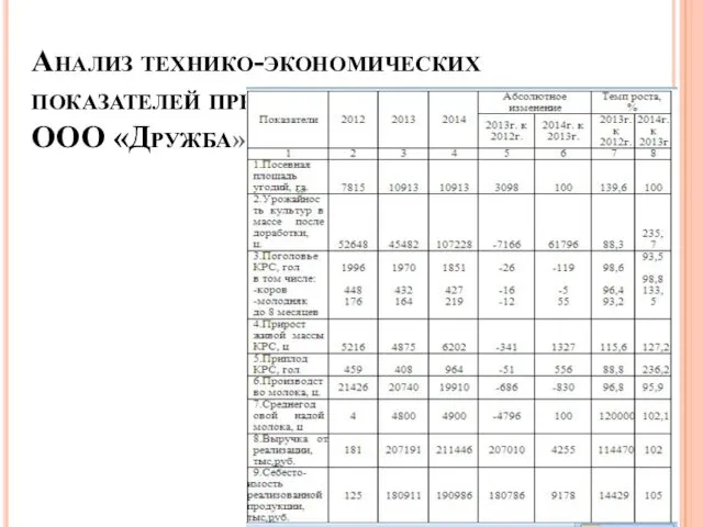 Анализ технико-экономических показателей предприятия ООО «Дружба»