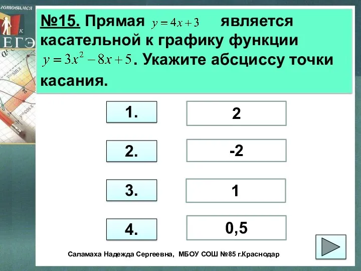 №15. Прямая является касательной к графику функции . Укажите абсциссу