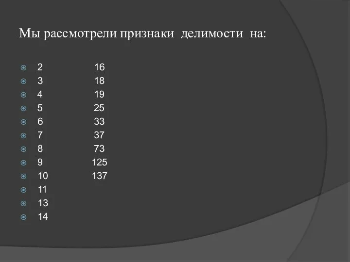 Мы рассмотрели признаки делимости на: 2 16 3 18 4